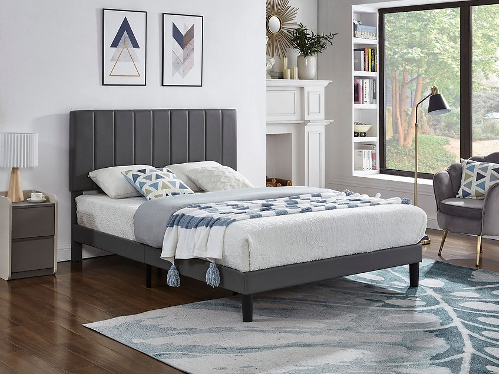 IF-5361 Grey PU Bed with Vertical Tufting
