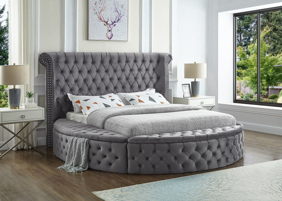 IF-5770 Grey Velvet Fabric Bed with Deep Button Tufting and 3 Storage Benches