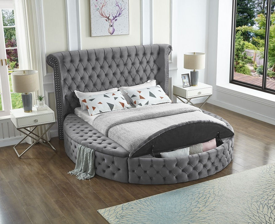 IF-5770 Grey Velvet Fabric Bed with Deep Button Tufting and 3 Storage Benches